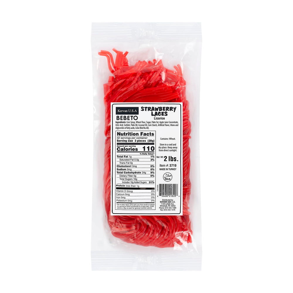Kervan Bebeto strawberry licorice laces ideal for braiding with a soft, chewy texture.