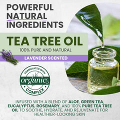 Ingredients highlight of KESMEDIK Tea Tree Lavender Body Wash featuring aloe vera and oils