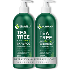 KESMEDIK Tea Tree Oil Shampoo bottle showing a refreshing cleanse for oily hair.