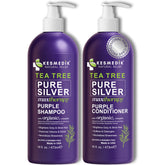 KESMEDIK Tea Tree Purple Shampoo bottle showing toning action for cooler blonde tones