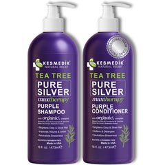 KESMEDIK Tea Tree Purple Shampoo bottle showing toning action for cooler blonde tones