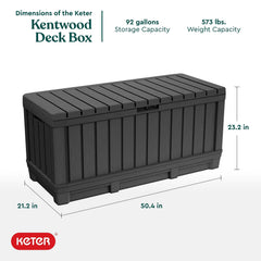 Keter Kentwood 92G deck box interior view reveals 350L capacity for cushions.