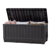 Keter Kentwood 92G deck box with lid closed showing weatherproof storage for cushions.