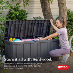 Keter Kentwood 92G deck box on patio provides practical seating and organized gear.