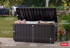 Keter Kentwood 92G deck box resin construction resists rust fading and denting.