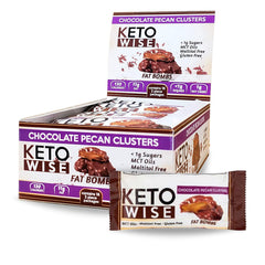 Keto Wise Fat Bombs pack shot showing chocolate pecan clusters for keto-friendly snacking