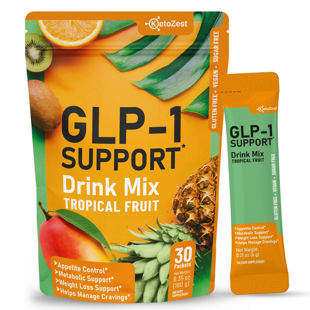 KetoZest GLP-1 Support Drink Mix bottle pour highlighting appetite control