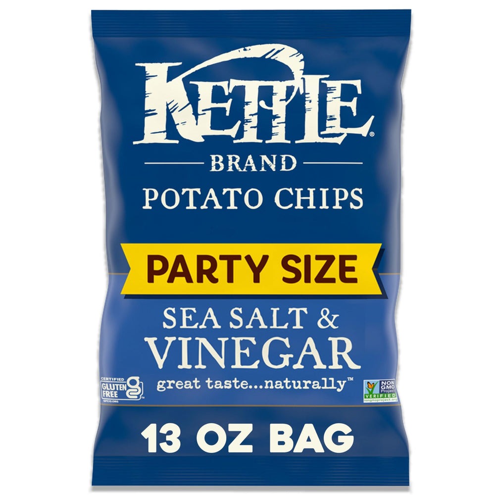 Kettle Brand Sea Salt & Vinegar bag on table, perfect party snack.