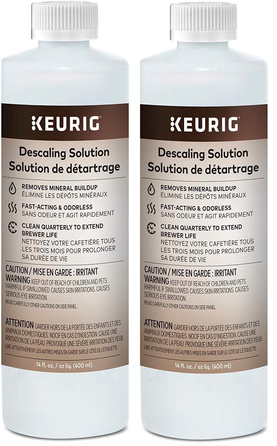 Keurig descaling solution bottle pour: safe mineral removal for cleaner-tasting coffee.