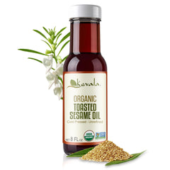 Kevala Organic Toasted Sesame Oil bottle closeup reveals rich, nutty aroma for cooking