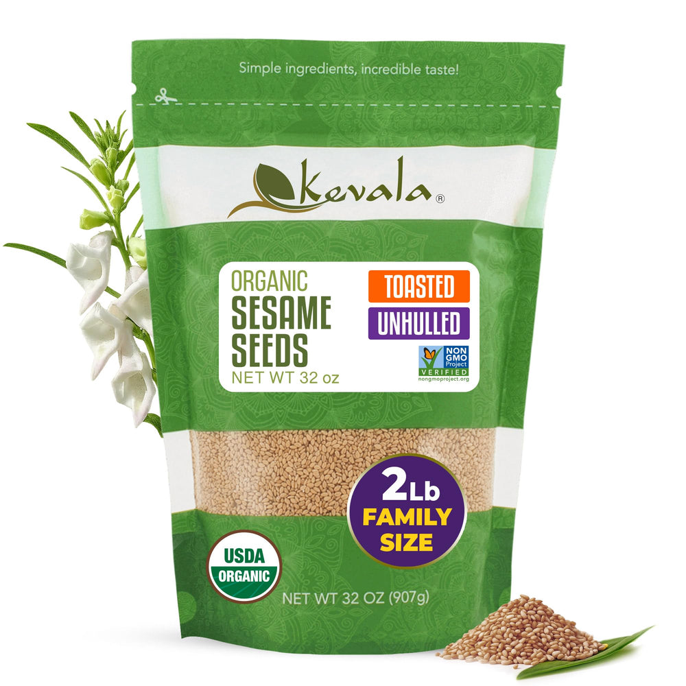Kevala organic toasted sesame seeds in resealable bag for easy pantry access.
