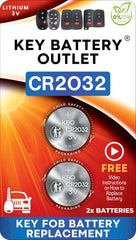 Key Battery Outlet CR2032 2-pack with installation video for easy key fob replacement.