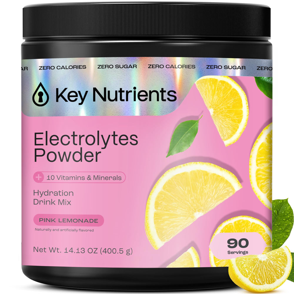 KEY NUTRIENTS pink lemonade bottle shows a calorie-free hydration option for active days.