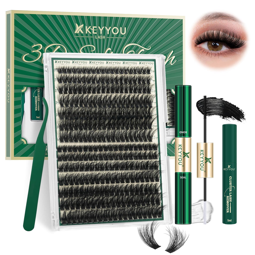 KEYYOU LASH 3D clusters kit close-up showing 280 fluffy lashes for natural volume.