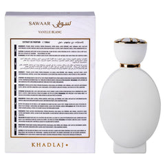 Khadlaj Sawaar Vanille Blanc box packaging communicates premium unisex fragrance