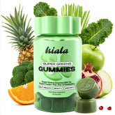 Kiala Nutrition Super Greens bottle showing 60 gummies for daily, dairy-free wellness.