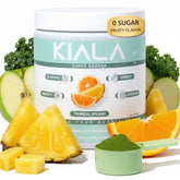 Kiala Nutrition Super Greens Tropical Splash bottle promotes a refreshing daily greens ritual