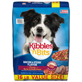 Kibbles 'n Bits bacon-steak dry dog food bowl close-up highlighting chewy bits dogs love
