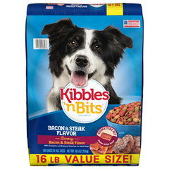 Kibbles 'n Bits bacon-steak dry dog food bowl close-up highlighting chewy bits dogs love