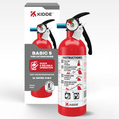 Kidde Basic fire extinguisher mounted with strap bracket for easy access at home.