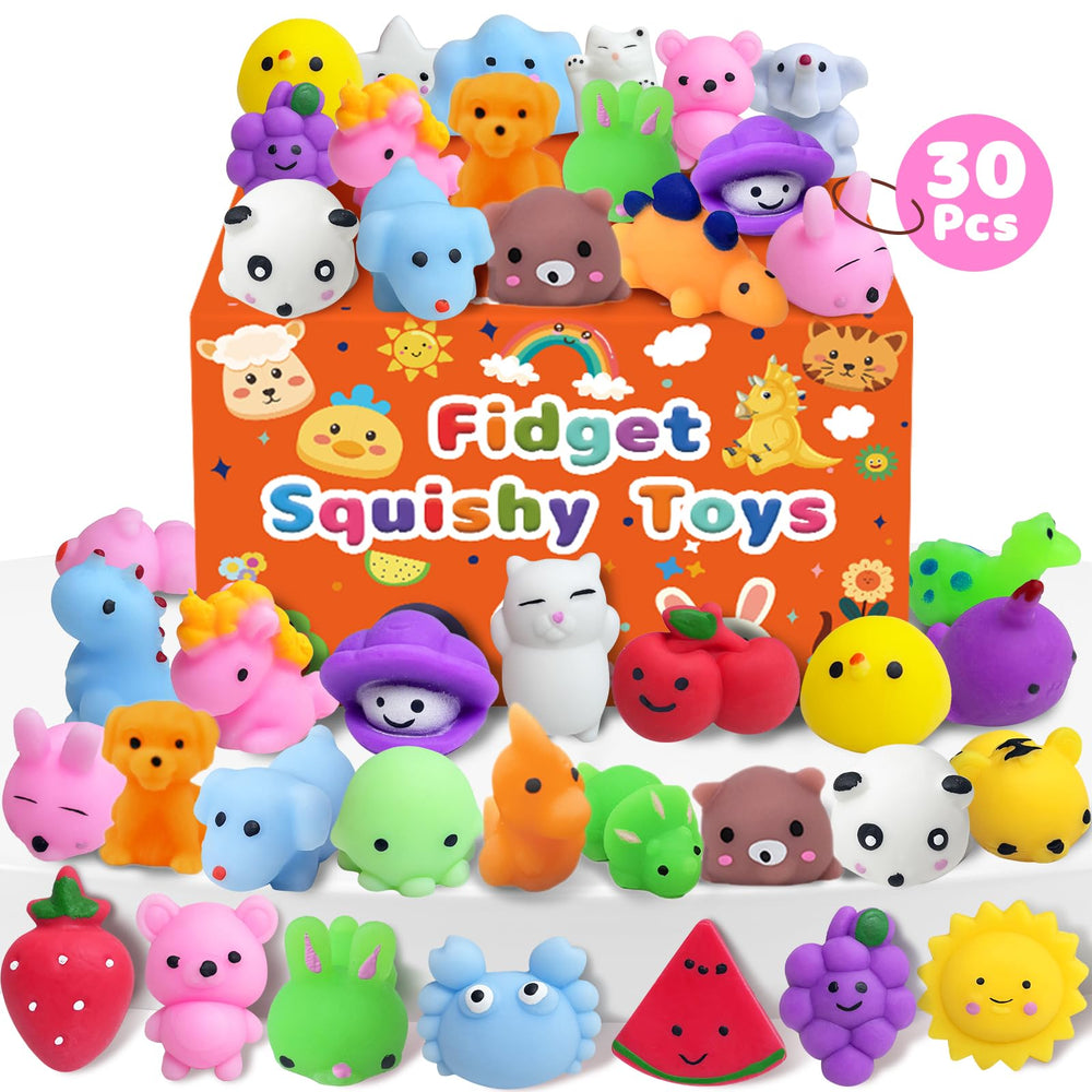 Kidific 30-pack squishies variety with animals and fruits for classroom prizes.