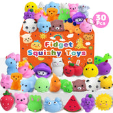 Kidific 30-pack squishies variety with animals and fruits for classroom prizes.