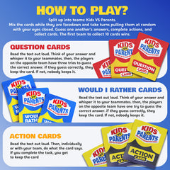 Kids VS Parents family night scene with players laughing and shuffling cards.