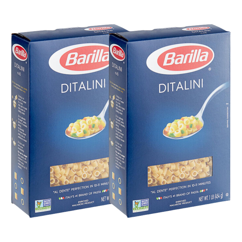 KIDU Barilla Ditalini pasta 2-pack on shelf, perfect for quick family dinners.