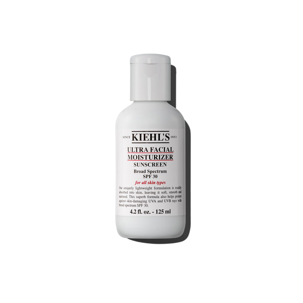 Kiehl's Ultra Facial Moisturizer SPF 30 bottle front, lightweight hydration for all skin types.