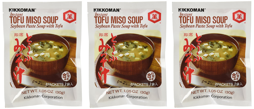 Kikkoman Instant Tofu Miso Soup packaging shows three packs with nine individual portions, for quick meals.