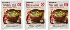 Kikkoman Instant Tofu Miso Soup packaging shows three packs with nine individual portions, for quick meals.