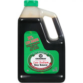 Kikkoman Lite Soy Sauce 64-ounce bottle shows low-sodium umami for meals.