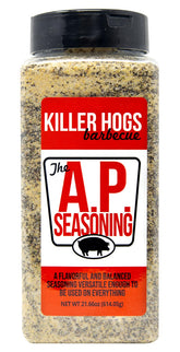 Killer Hogs AP Seasoning bottle and label, boosting beef flavor for grilled steaks.