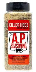Killer Hogs AP Seasoning bottle and label, boosting beef flavor for grilled steaks.