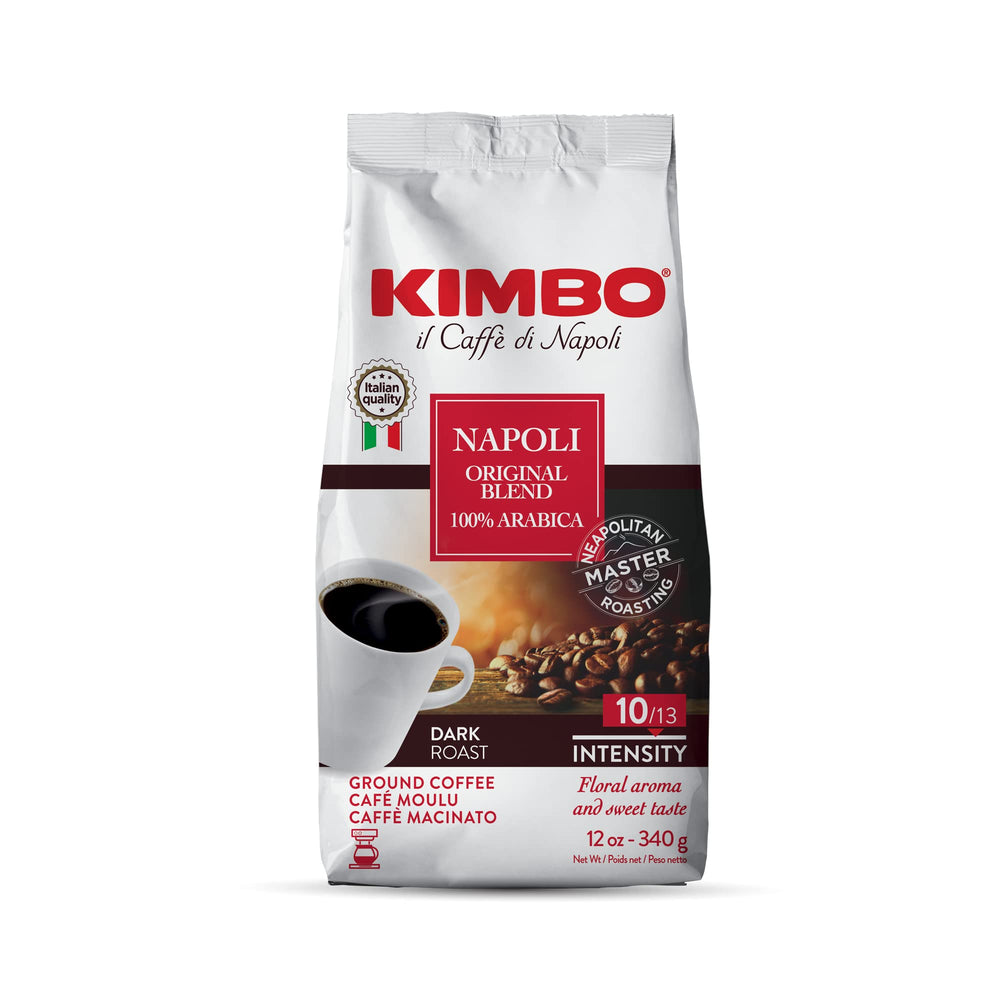 Kimbo Napoli Original Blend 12 oz packaging showing bold Arabica roast for rich mornings.