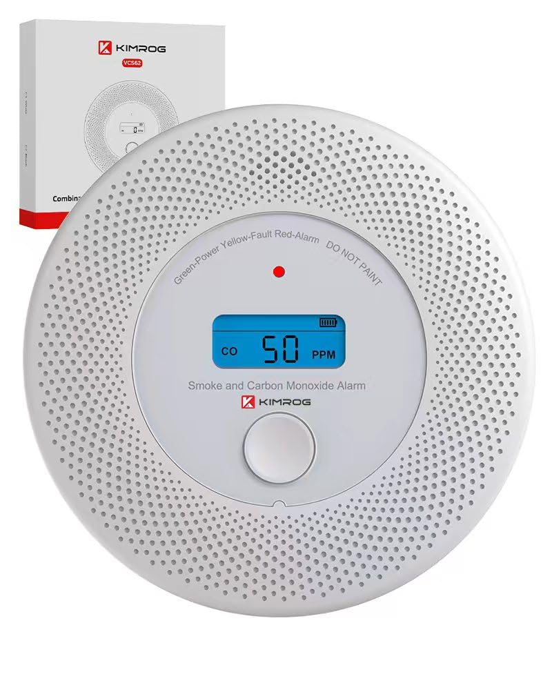 Kimrog 10-year battery smoke and CO detector front view with clear LCD status indicators.