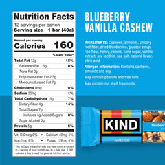 KIND Blueberry Vanilla Cashew bar close-up, crunchy texture from cashews and blueberries for a quick snack.