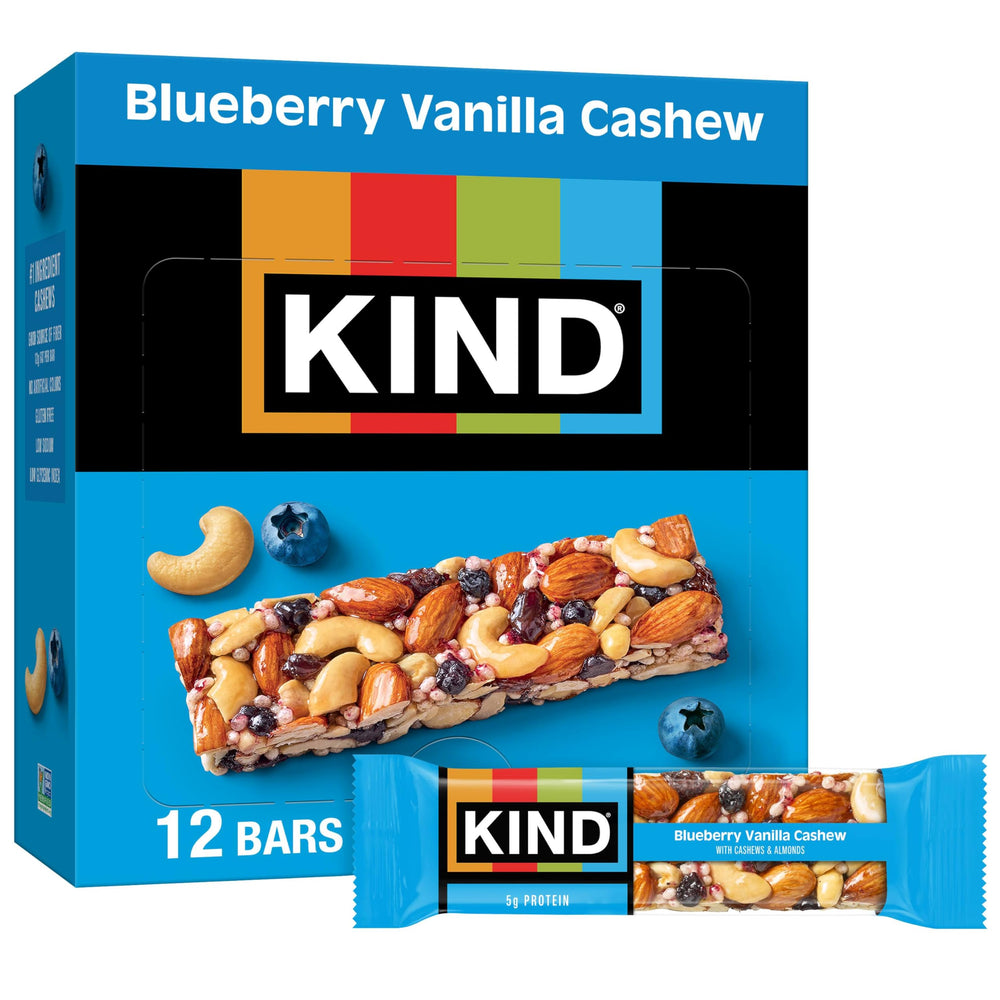 KIND Blueberry Vanilla Cashew bar in packaging, gluten-free snack with protein for on-the-go energy.