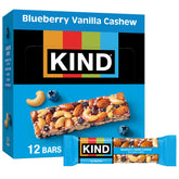 KIND Blueberry Vanilla Cashew bar in packaging, gluten-free snack with protein for on-the-go energy.