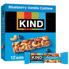 KIND Blueberry Vanilla Cashew bar in packaging, gluten-free snack with protein for on-the-go energy.