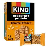 KIND Breakfast Caramel Peanut bar on packaging with gluten-free, 8g protein for on-the-go energy.