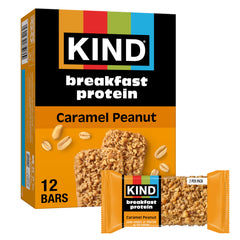 KIND Breakfast Caramel Peanut bar on packaging with gluten-free, 8g protein for on-the-go energy.
