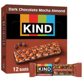 KIND dark chocolate mocha almond bars pack highlighting gluten-free, nutrient-dense snacking