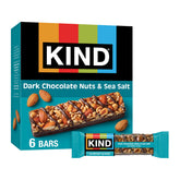KIND Dark Chocolate Nuts & Sea Salt bar, close-up of nuts and chocolate crunch, on-the-go snack.
