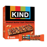 KIND Dark Chocolate Peanut Butter Bars six-pack on shelf, convenient gluten-free snack.