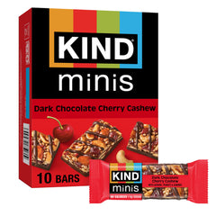 KIND Mini Dark Chocolate Cherry Cashew bar front view, perfect on-the-go treat with real cashews.