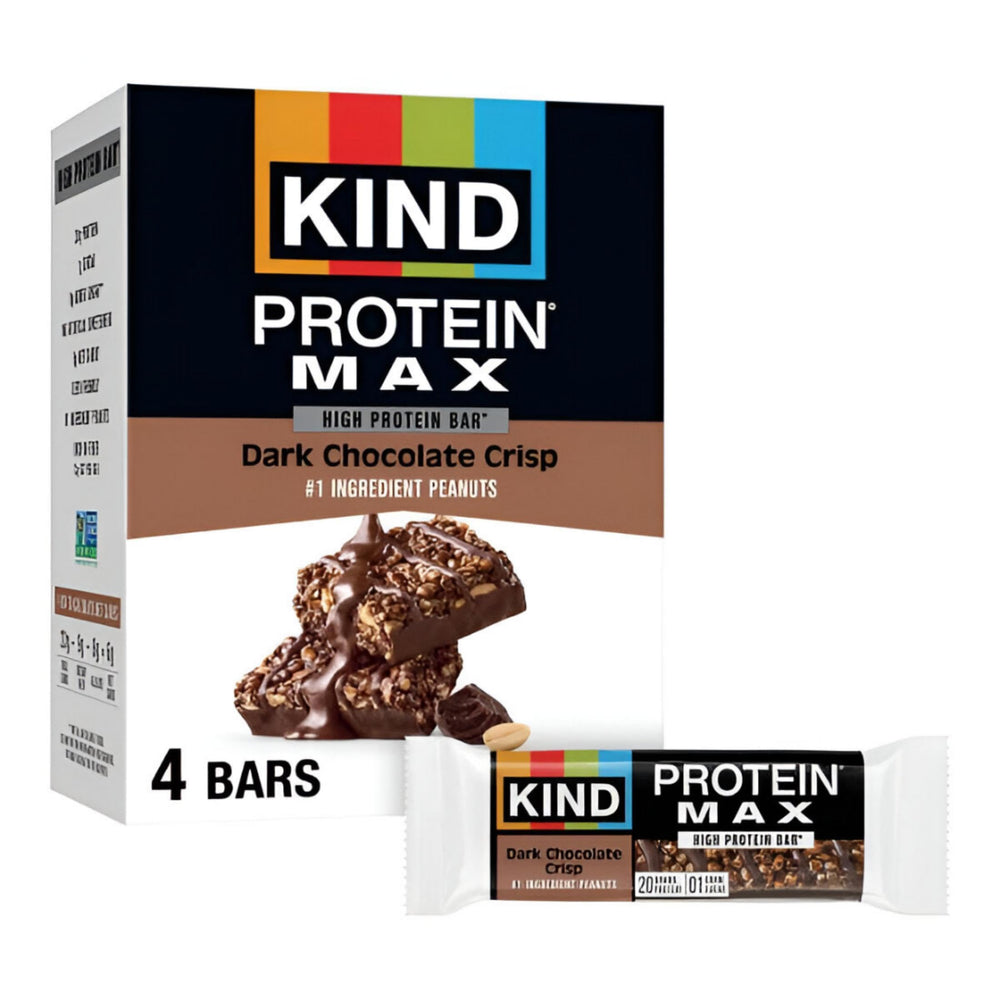 KIND Protein MAX dark chocolate crisp packaging highlights a high-protein, low-sugar snack.