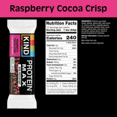 Close-up of raspberry and cocoa drizzle on KIND Protein MAX bar for flavor-rich, grab-and-go enjoyment.