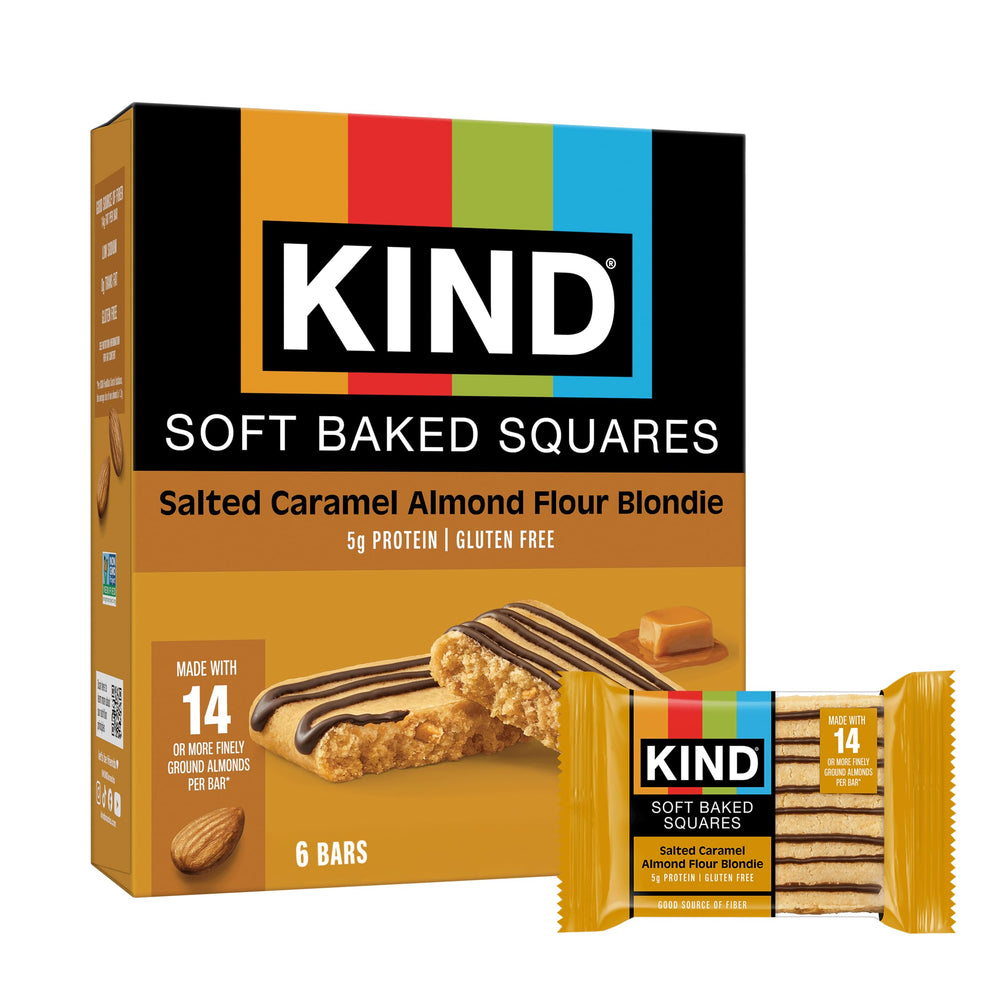KIND Soft Baked Squares Salted Caramel Blondie box, gluten free snack for anytime