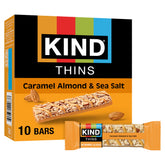 KIND Thins Caramel Almond & Sea Salt bars pack shown for on-the-go snacking.